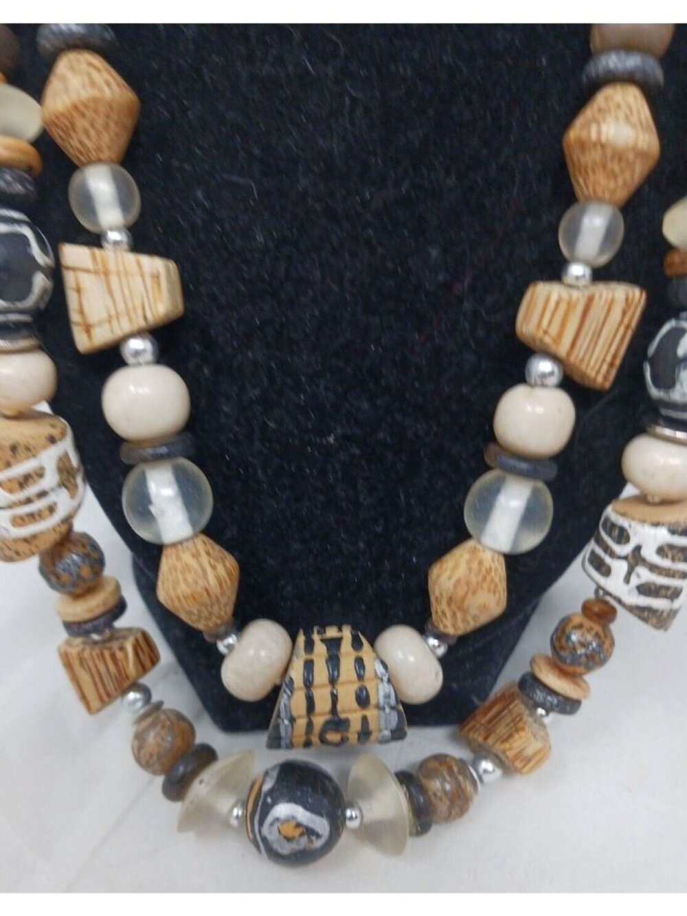 Ethnic Wood Necklace Carved Beaded 2 Strand Earthy Bohemian Tribal 22" & 25" #J7 - Picture 4 of 5